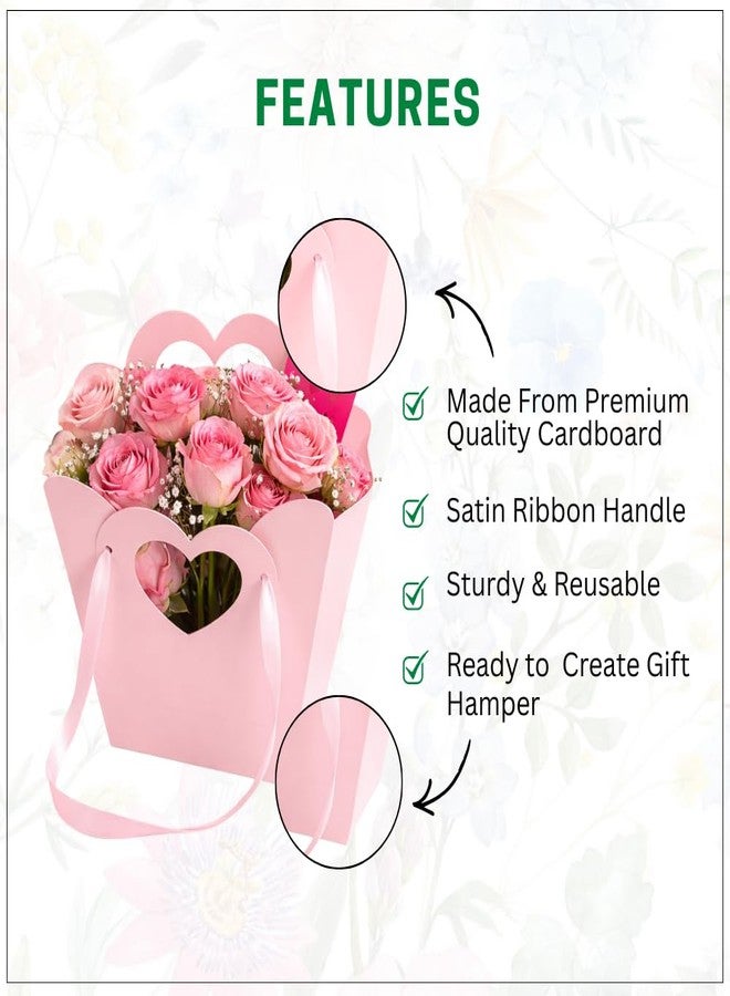 اويسيس مجموعة أواسيس من 10 أكياس زهور بنافذة على شكل قلب مع مقبض من شريط ساتان، أكياس تغليف زهور ورقية لتنسيقات الزهور، وتغليف سلال الهدايا، وتغليف مناسبات بائعي الزهور لعيد الحب وحفلات الزفاف والمناسبات الخاصة، 22 × 21 × 10 سم | وردي - Image 4